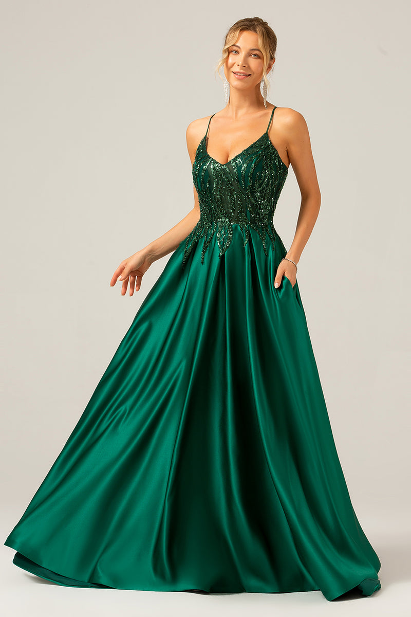 Load image into Gallery viewer, Sparkly Dark Green A-Line Spaghetti Straps Long Prom Dress with Pockets