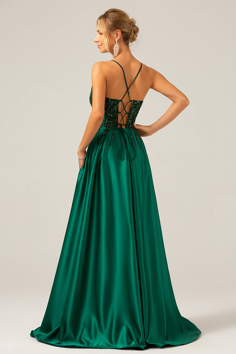 Load image into Gallery viewer, Sparkly Dark Green A-Line Spaghetti Straps Long Prom Dress with Pockets