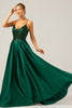 Load image into Gallery viewer, Sparkly Dark Green A-Line Spaghetti Straps Long Prom Dress with Pockets