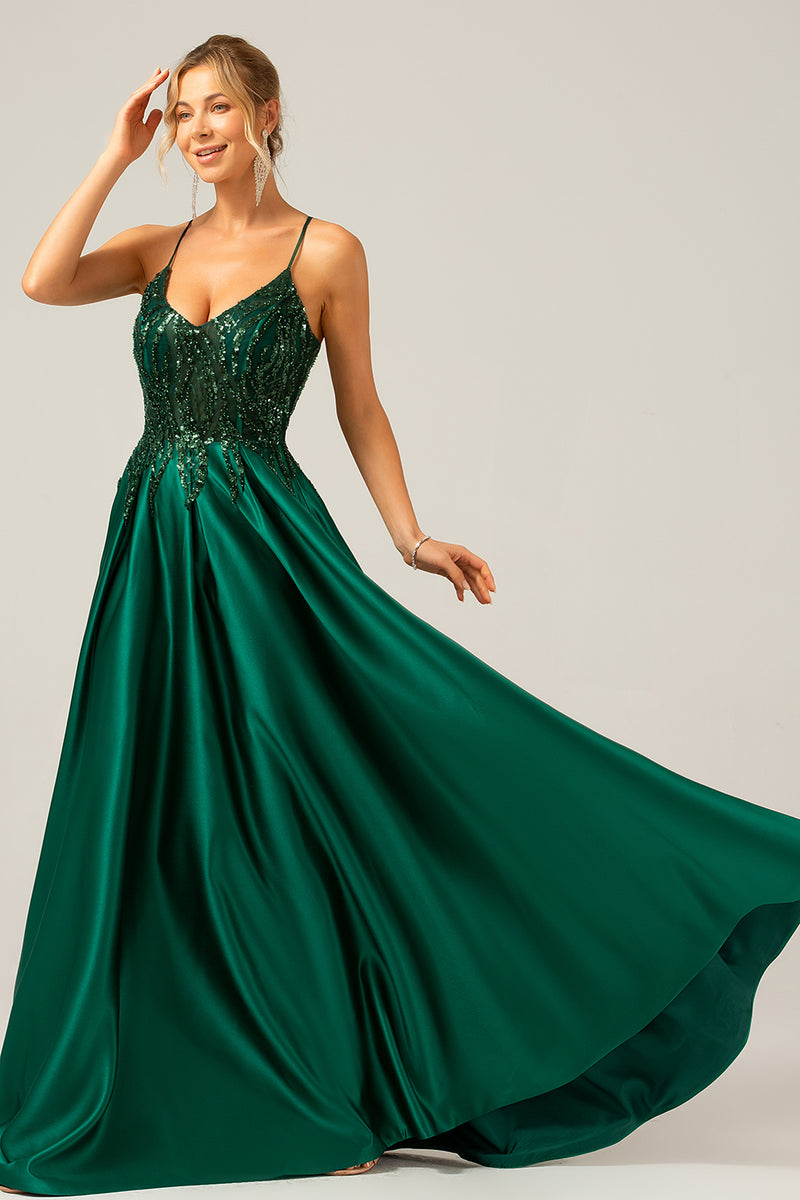 Load image into Gallery viewer, Sparkly Dark Green A-Line Spaghetti Straps Long Prom Dress with Pockets