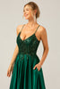 Load image into Gallery viewer, Sparkly Dark Green A-Line Spaghetti Straps Long Prom Dress with Pockets