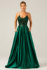 Load image into Gallery viewer, Sparkly Dark Green A-Line Spaghetti Straps Long Prom Dress with Pockets