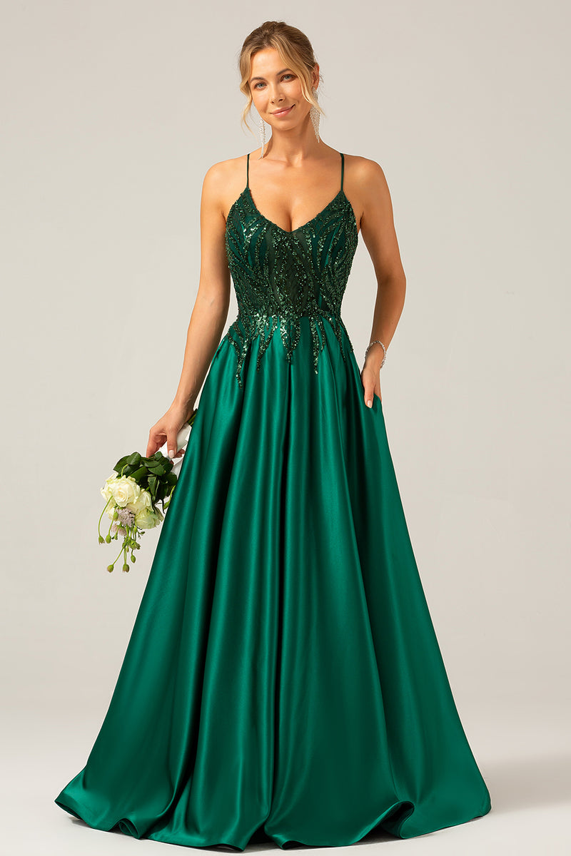 Load image into Gallery viewer, Sparkly Dark Green A-Line Spaghetti Straps Long Prom Dress with Pockets