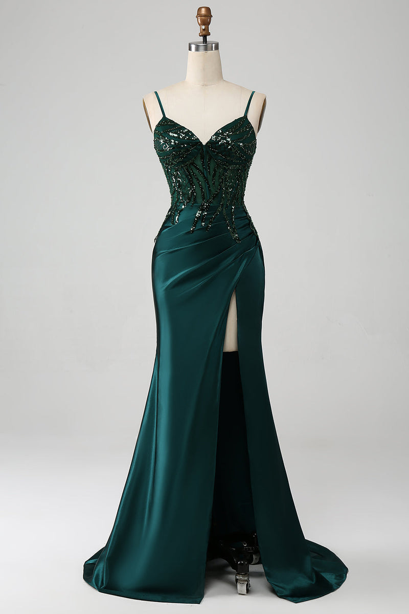 Hellymoon Women Sparkly Dark Green Prom Dress Mermaid Spaghetti Straps ...