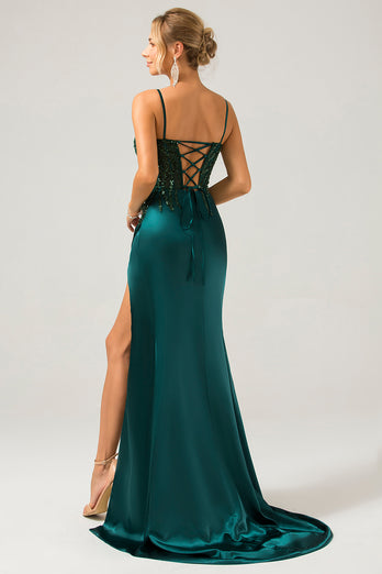 Sparkly Dark Green Mermaid Sequin Pleated Corset Long Prom Dress with Slit