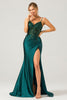 Load image into Gallery viewer, Sparkly Dark Green Mermaid Sequin Pleated Corset Long Prom Dress with Slit