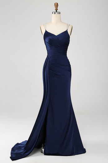 Navy Mermaid Spaghetti Straps Pleated Corset Long Prom Dress With Slit