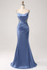 Load image into Gallery viewer, Mermaid Grey Blue Satin Spaghetti Straps Long Prom Dress