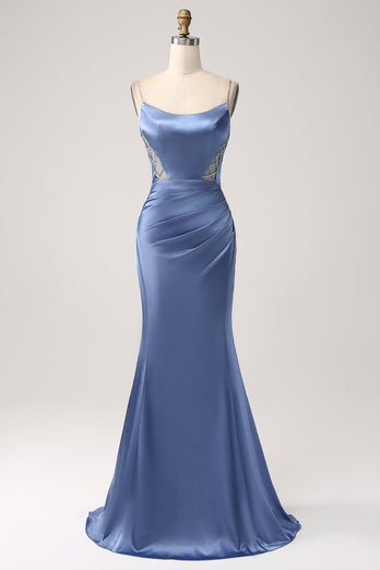 Mermaid Grey Blue Satin Spaghetti Straps Long Prom Dress