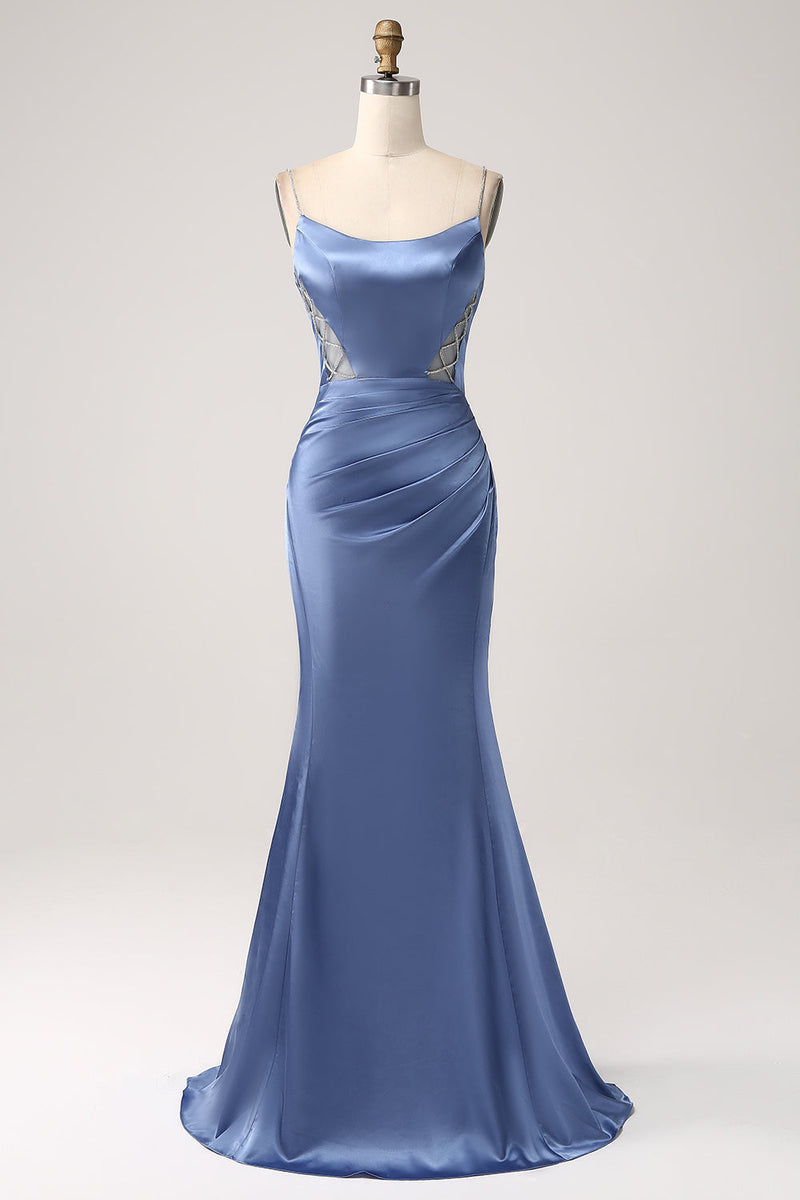 Load image into Gallery viewer, Mermaid Grey Blue Satin Spaghetti Straps Long Prom Dress