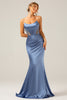 Load image into Gallery viewer, Mermaid Grey Blue Satin Spaghetti Straps Pleated Bridesmaid Dress