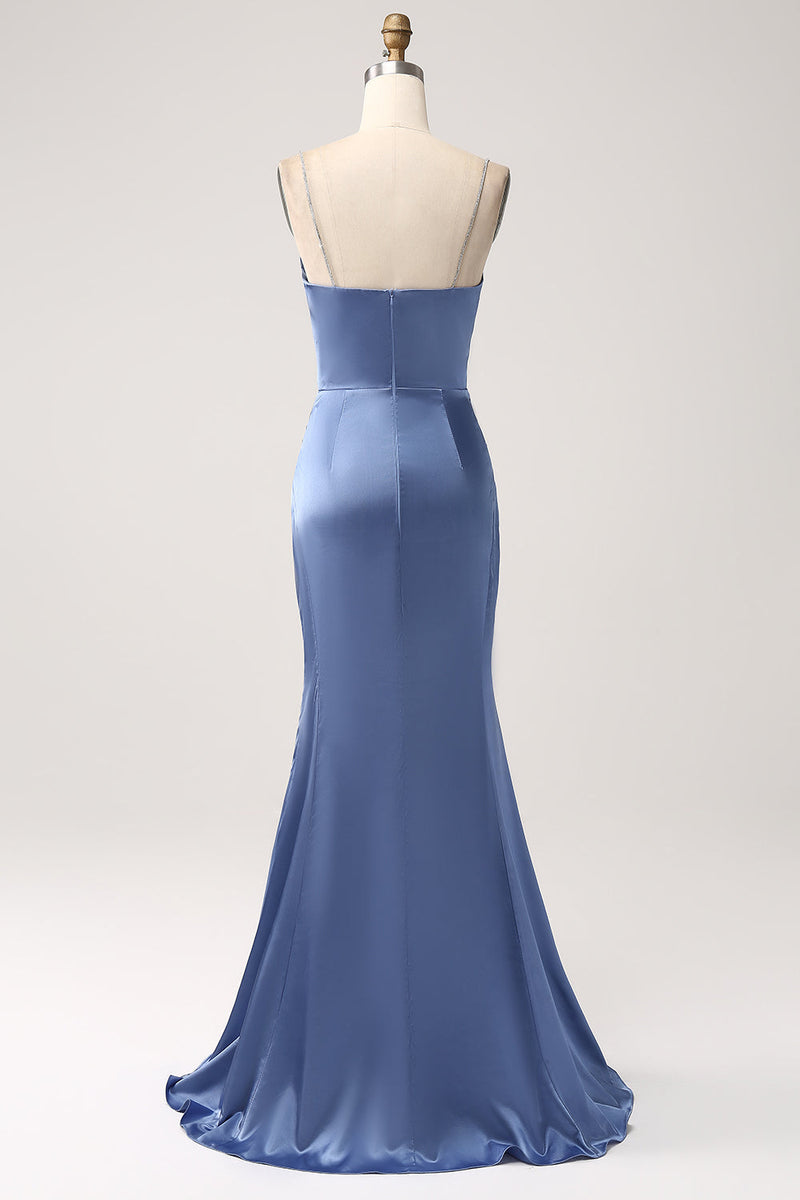 Load image into Gallery viewer, Mermaid Grey Blue Satin Spaghetti Straps Long Prom Dress