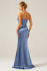 Load image into Gallery viewer, Mermaid Grey Blue Satin Spaghetti Straps Pleated Bridesmaid Dress