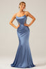 Load image into Gallery viewer, Mermaid Grey Blue Satin Spaghetti Straps Pleated Bridesmaid Dress