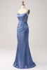 Load image into Gallery viewer, Mermaid Grey Blue Satin Spaghetti Straps Long Prom Dress