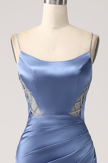 Mermaid Grey Blue Satin Spaghetti Straps Long Prom Dress