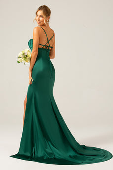 Dark Green Mermaid Spaghetti Straps Satin Long Bridesmaid Dress with Pleated