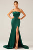 Load image into Gallery viewer, Dark Green Mermaid Spaghetti Straps Satin Long Bridesmaid Dress with Pleated