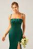 Load image into Gallery viewer, Dark Green Mermaid Spaghetti Straps Satin Long Bridesmaid Dress with Pleated