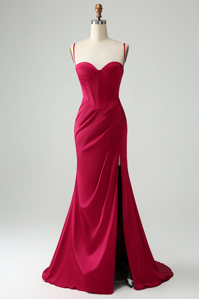 Load image into Gallery viewer, Burgundy Mermaid Corset Spaghetti Straps Prom Dress with Pleated