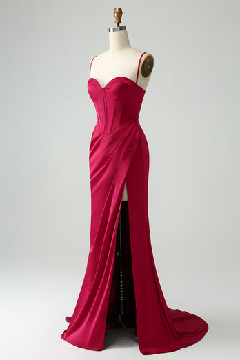 Burgundy Mermaid Corset Spaghetti Straps Prom Dress with Pleated