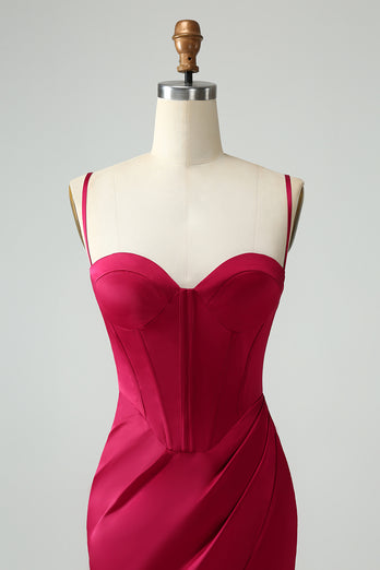 Burgundy Mermaid Corset Spaghetti Straps Prom Dress with Pleated