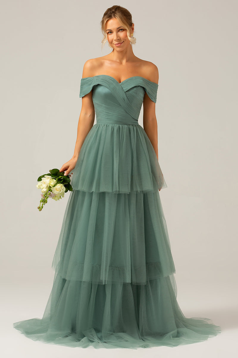 Load image into Gallery viewer, Grey Green Tulle A Line Off the Shoulder Tiered Bridesmaid Dress