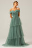 Load image into Gallery viewer, Grey Green Tulle A Line Off the Shoulder Tiered Bridesmaid Dress