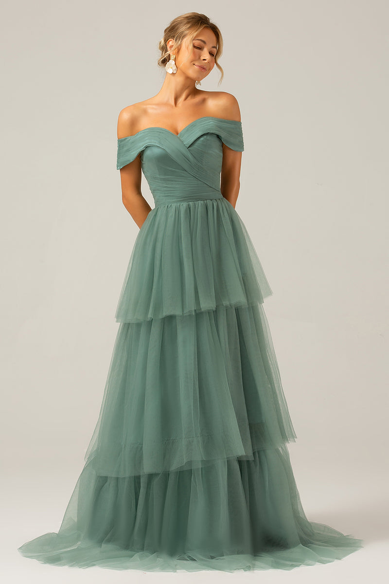 Load image into Gallery viewer, Grey Green Tulle A Line Off the Shoulder Tiered Bridesmaid Dress