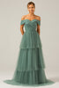 Load image into Gallery viewer, Grey Green Tulle A Line Off the Shoulder Tiered Bridesmaid Dress