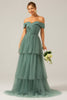 Load image into Gallery viewer, Grey Green Tulle A Line Off the Shoulder Tiered Bridesmaid Dress