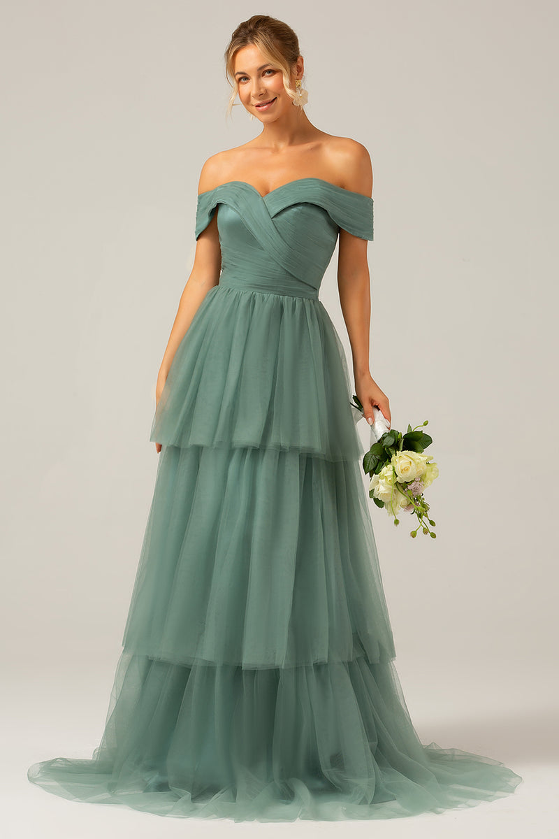 Load image into Gallery viewer, Grey Green Tulle A Line Off the Shoulder Tiered Bridesmaid Dress