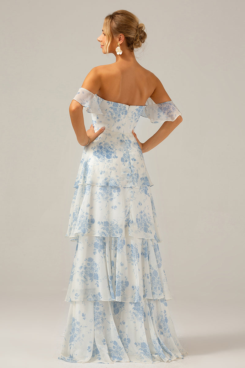 Load image into Gallery viewer, White Blue Floral Boho Chiffon Ruffled Long Bridesmaid Dress