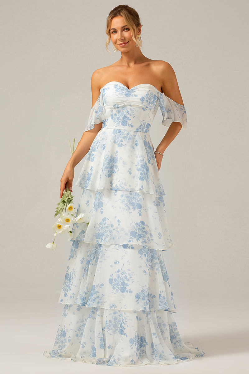 Load image into Gallery viewer, White Blue Floral Boho Chiffon Ruffled Long Bridesmaid Dress