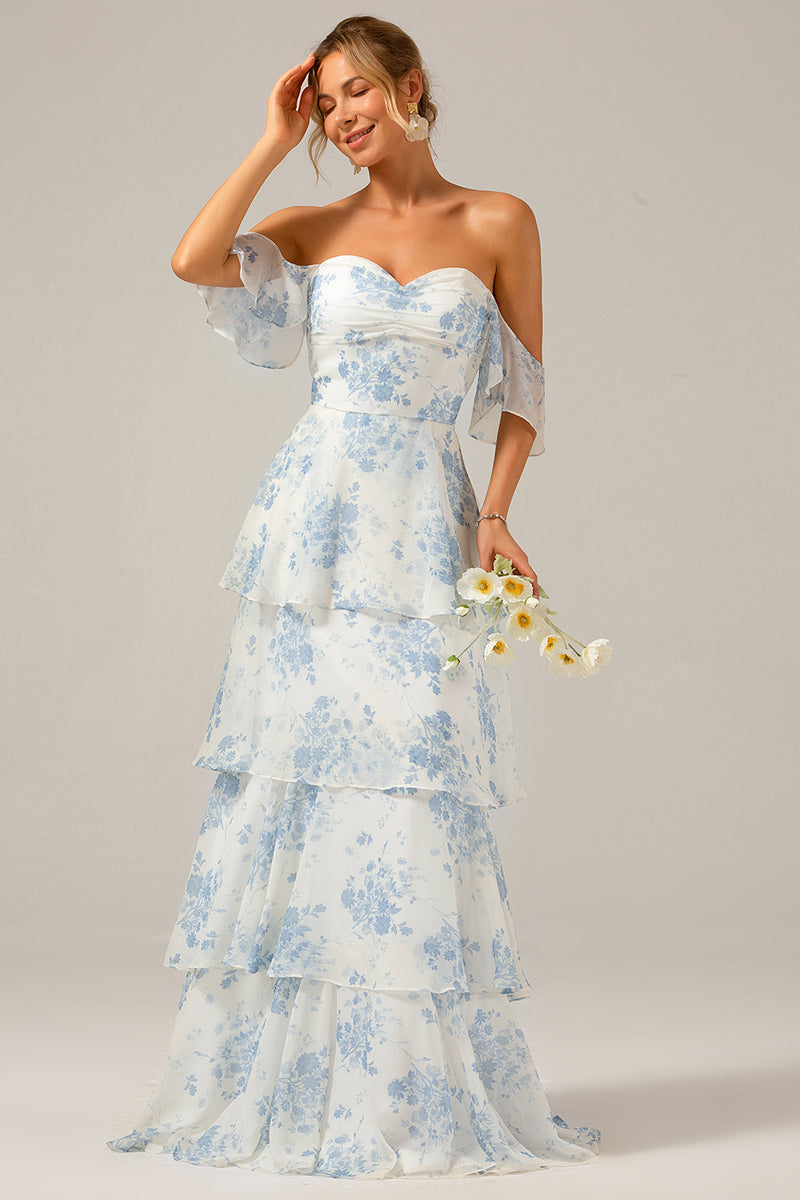 Load image into Gallery viewer, White Blue Floral Boho Chiffon Ruffled Long Bridesmaid Dress