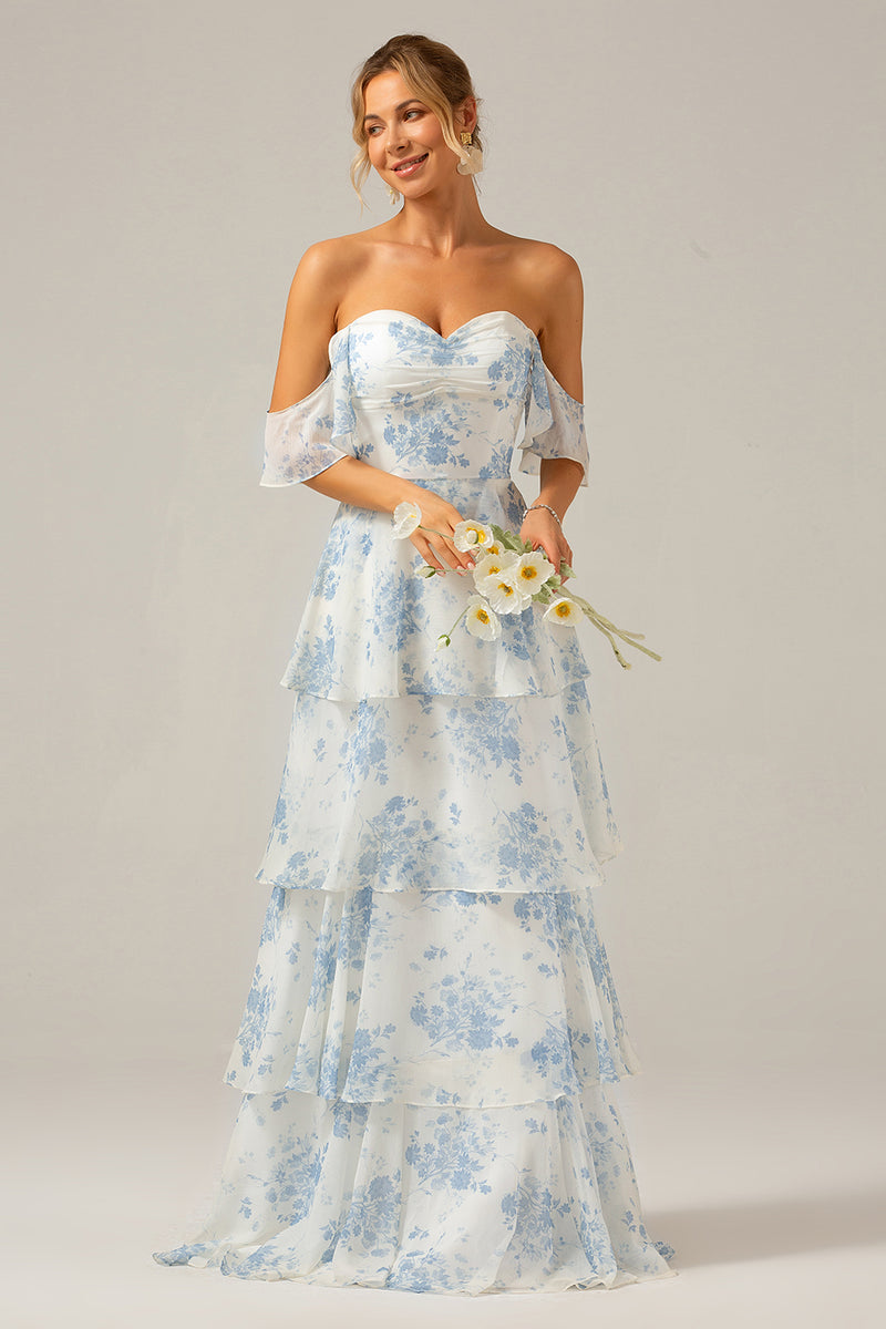 Load image into Gallery viewer, White Blue Floral Boho Chiffon Ruffled Long Bridesmaid Dress