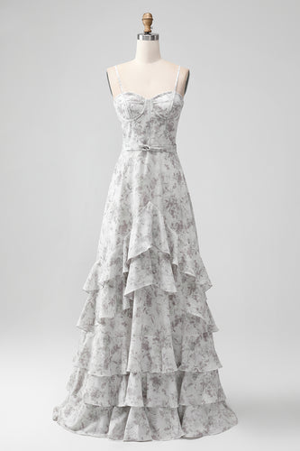 A Line Print Tiered Bridesmaid Dress with Lace-up Back