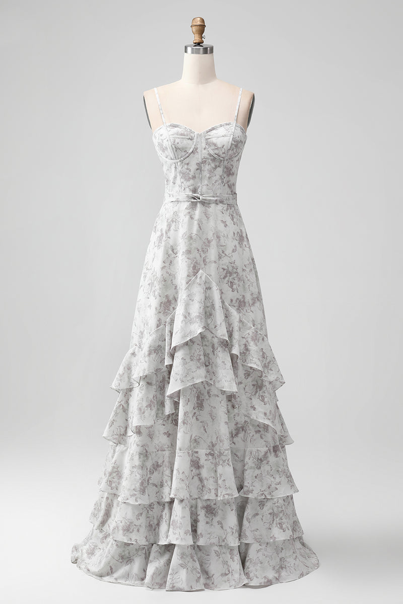 Load image into Gallery viewer, A Line Print Tiered Bridesmaid Dress with Lace-up Back