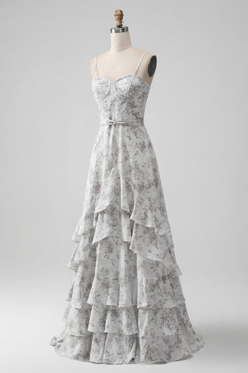 A Line Print Tiered Bridesmaid Dress with Lace-up Back