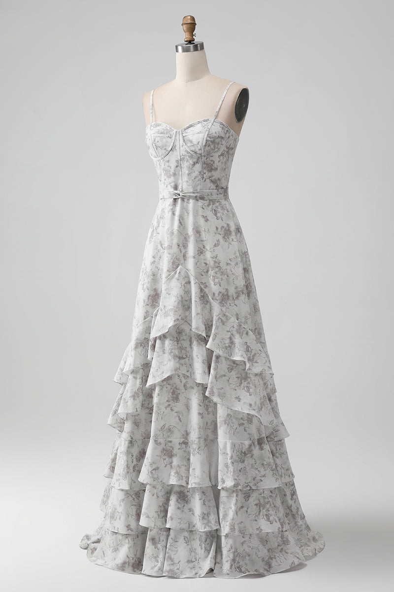 Load image into Gallery viewer, A Line Print Tiered Bridesmaid Dress with Lace-up Back