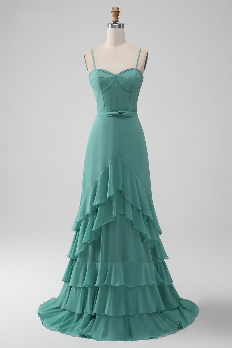 Load image into Gallery viewer, A Line Corset Tiered Grey Green Long Bridesmaid Dress