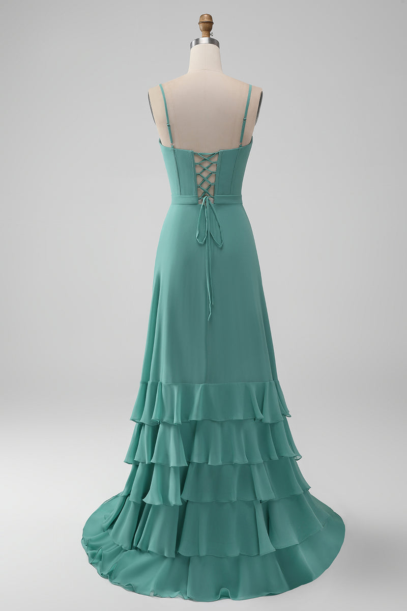 Load image into Gallery viewer, A Line Corset Tiered Grey Green Long Bridesmaid Dress