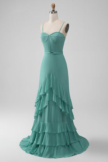 A Line Corset Tiered Grey Green Long Bridesmaid Dress