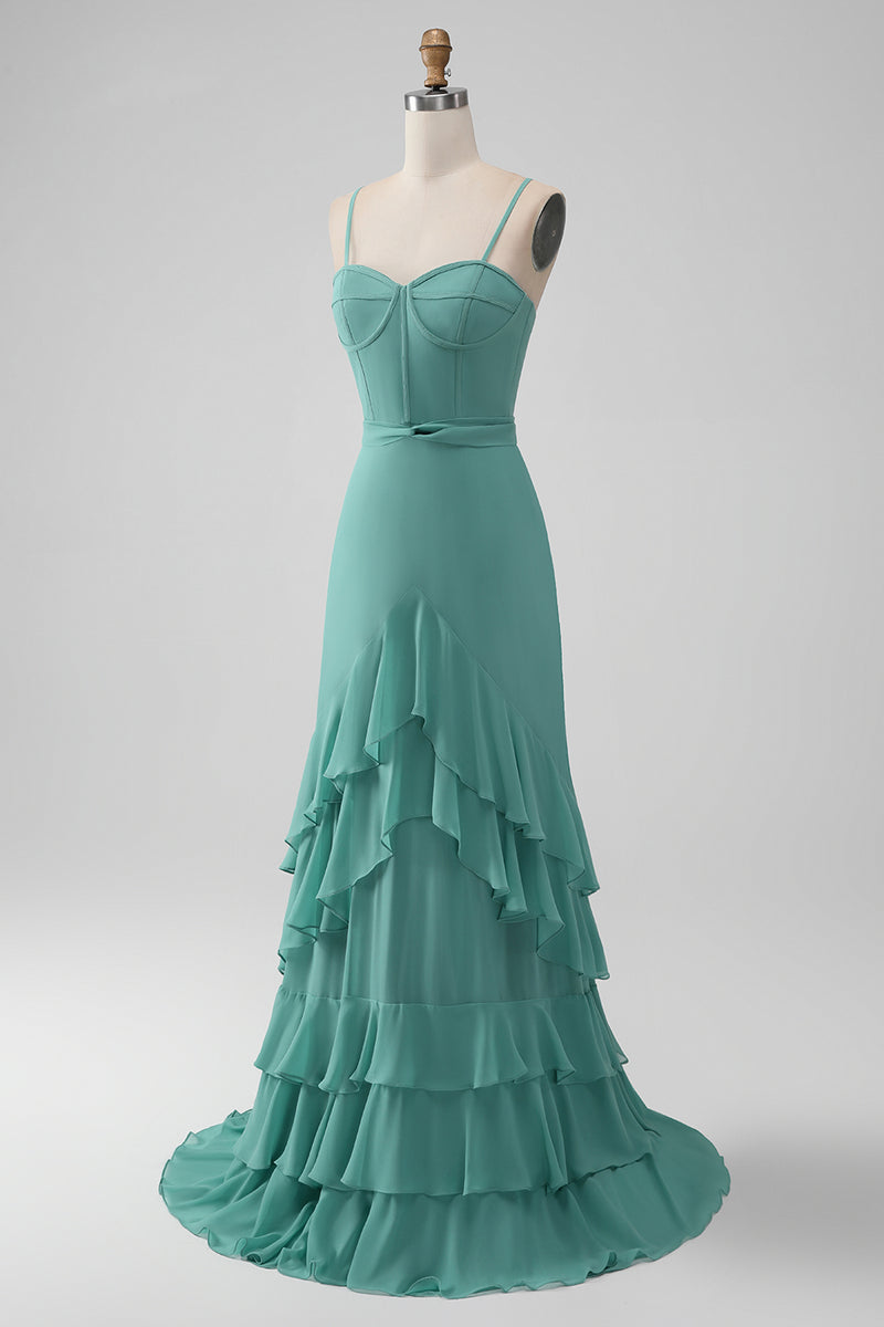 Load image into Gallery viewer, A Line Corset Tiered Grey Green Long Bridesmaid Dress