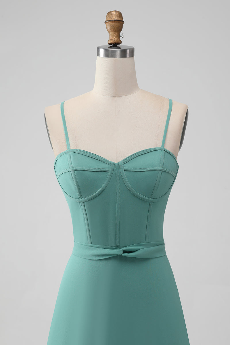 Load image into Gallery viewer, A Line Corset Tiered Grey Green Long Bridesmaid Dress