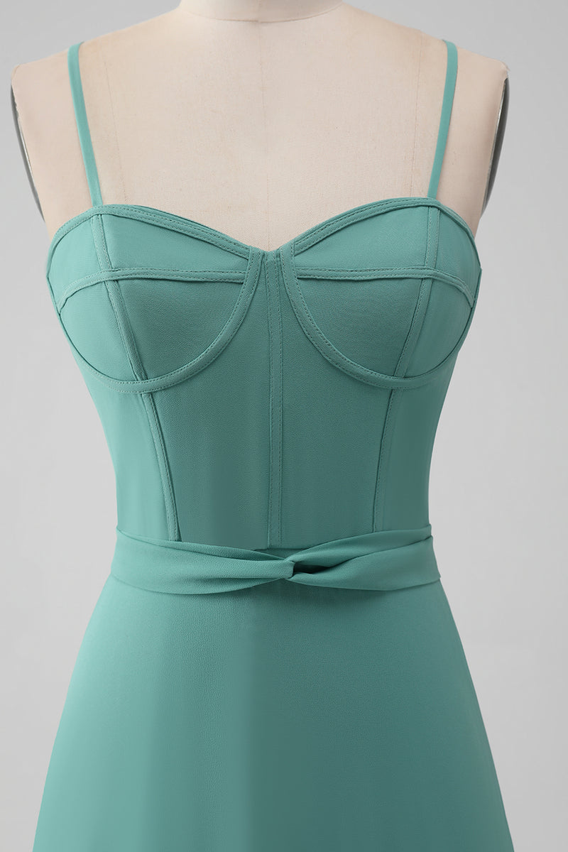 Load image into Gallery viewer, A Line Corset Tiered Grey Green Long Bridesmaid Dress