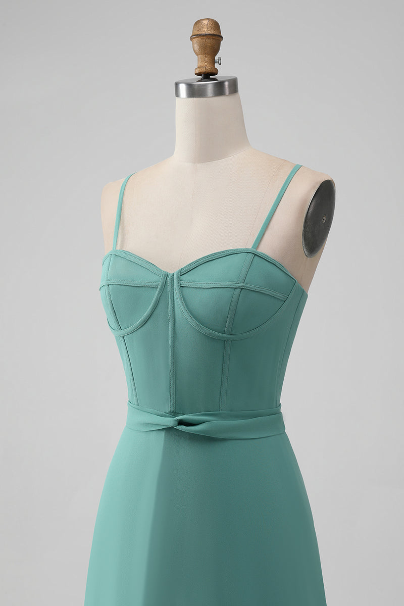 Load image into Gallery viewer, A Line Corset Tiered Grey Green Long Bridesmaid Dress