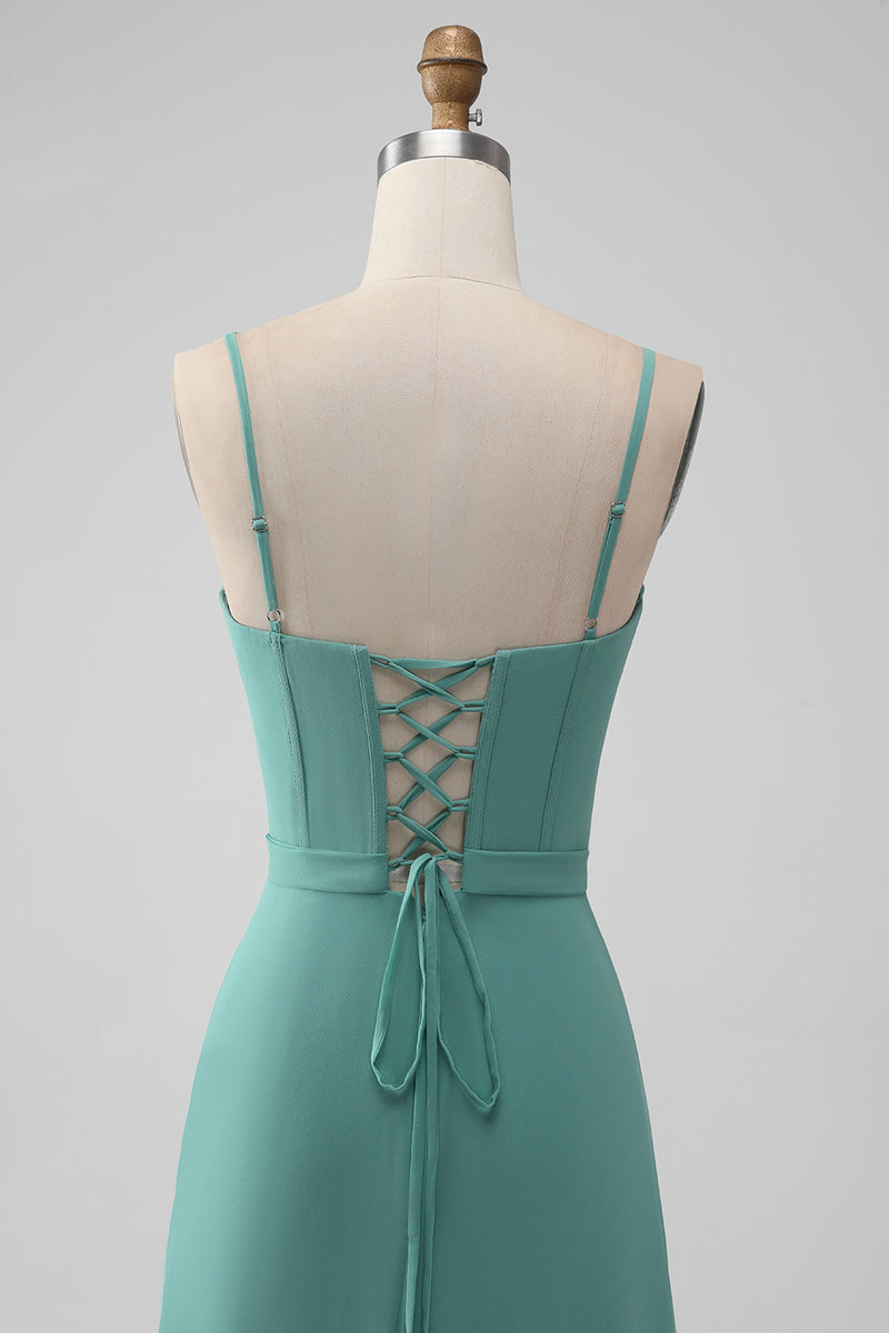 Load image into Gallery viewer, A Line Corset Tiered Grey Green Long Bridesmaid Dress