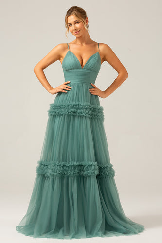 Grey Green Tulle A Line Spaghetti Straps Long Bridesmaid Dress with Ruffles