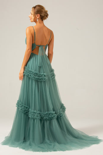 Grey Green Tulle A Line Spaghetti Straps Long Bridesmaid Dress with Ruffles